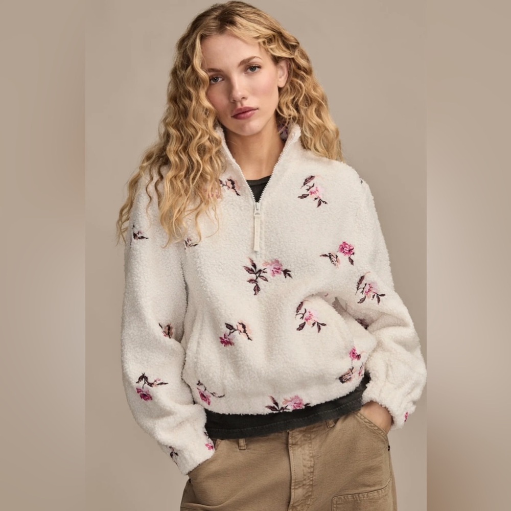 LUCKY BRAND Half Zip Fleece Sweatshirt Embroidered Floral Print Women's size XXL